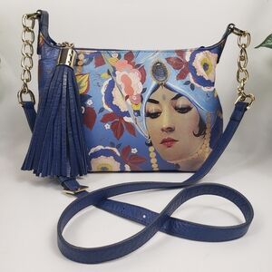 ICON Blue Floral Art Lady Leather Crossbody Chains Signed Alberto Vargas 10x7